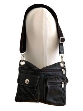 Roots 73 Black Pebble Leather Crossbody Bag Adjustable Strap & Multiple Pockets